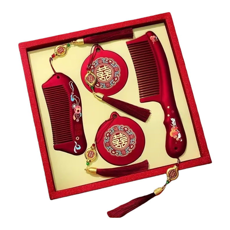 Red gift box set of comb and mirror, portable travel makeup mirror and comb two-piece set