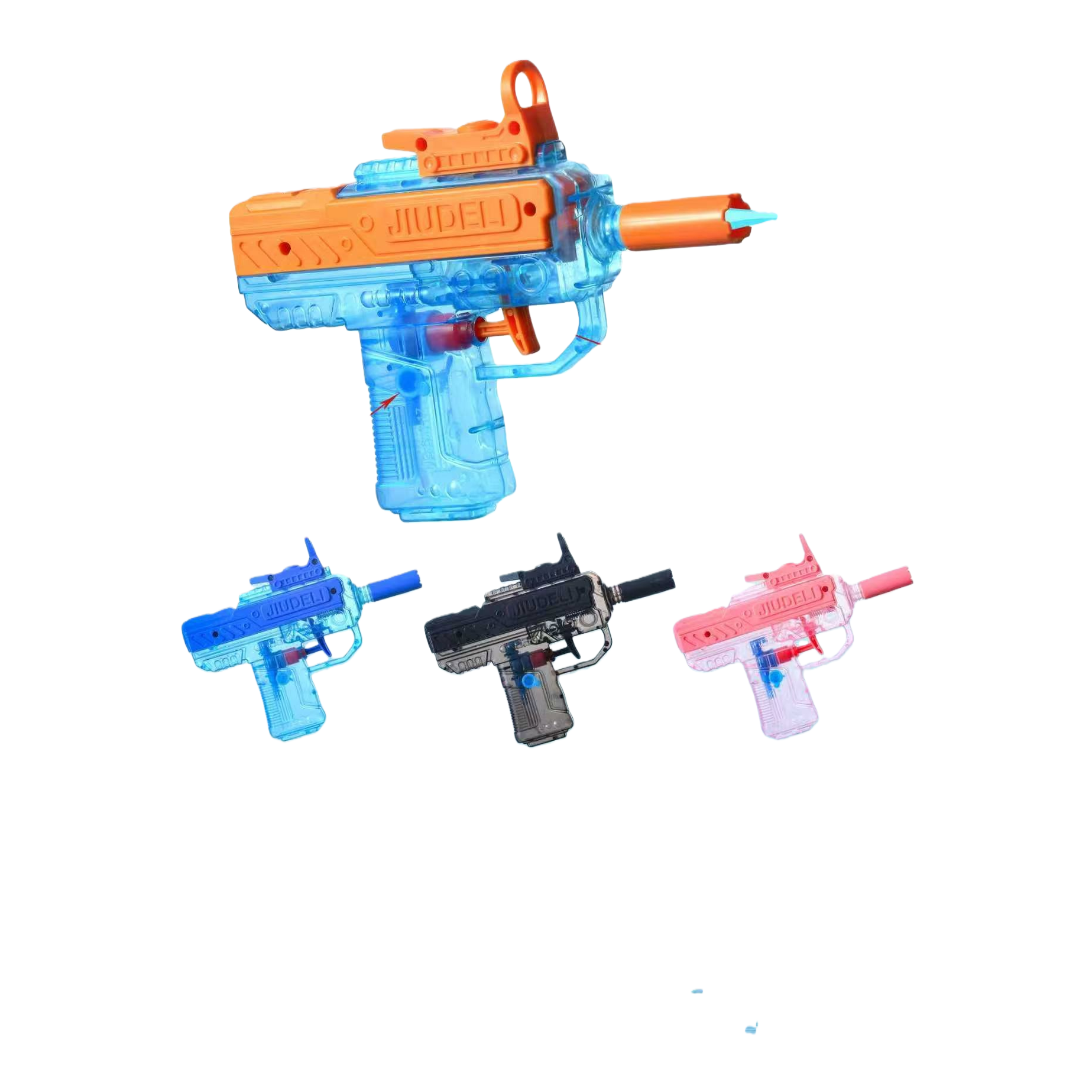 Transparent blue and orange water gun toys for children's summer water play. The water spray gun has adjustable range Item Picture