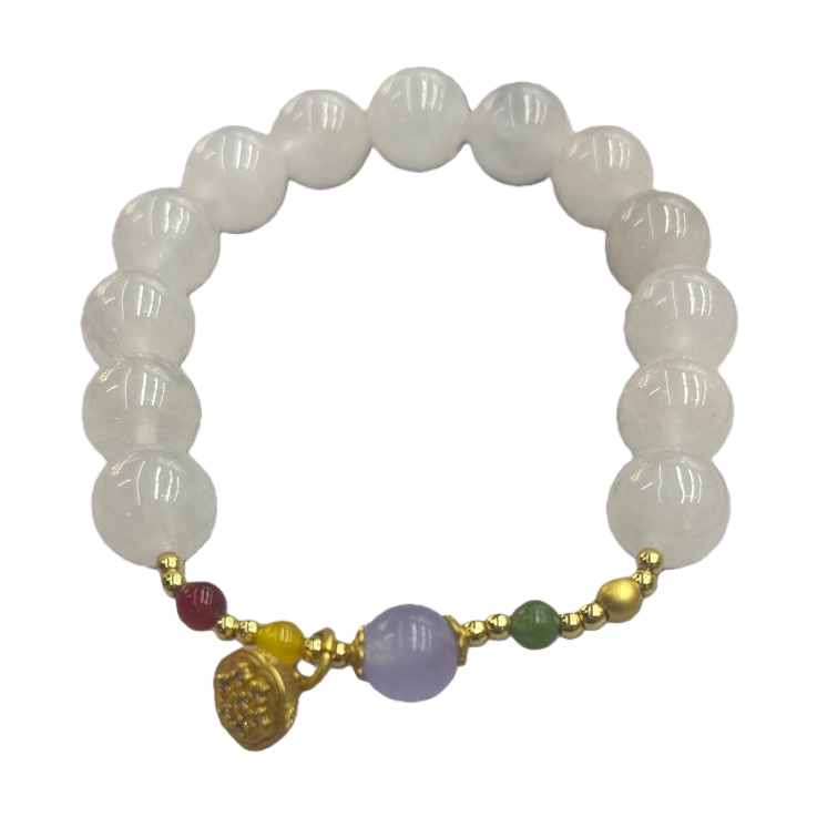 A white beaded bracelet decorated with small purple, green, red and gold beads and a gold pendant Item Picture