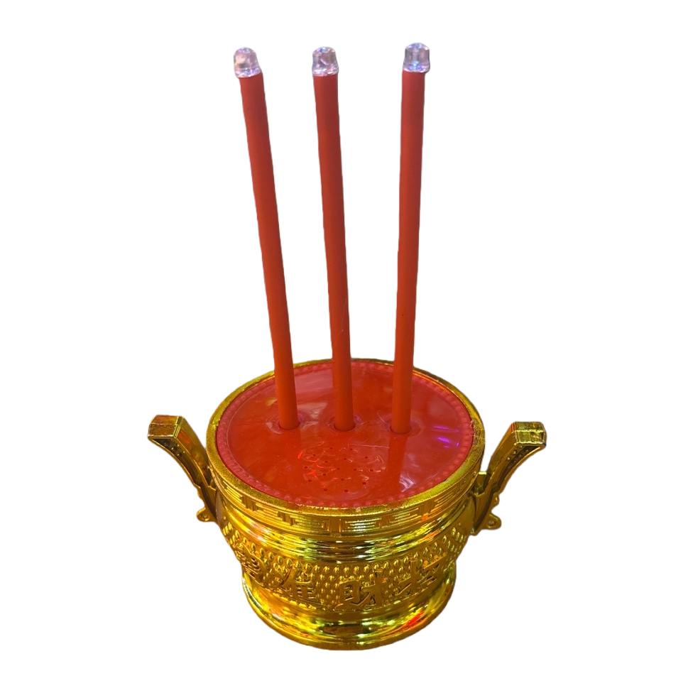 A set of golden incense burner with three red incense sticks for household sacrificial and Buddhist offerings Item Picture