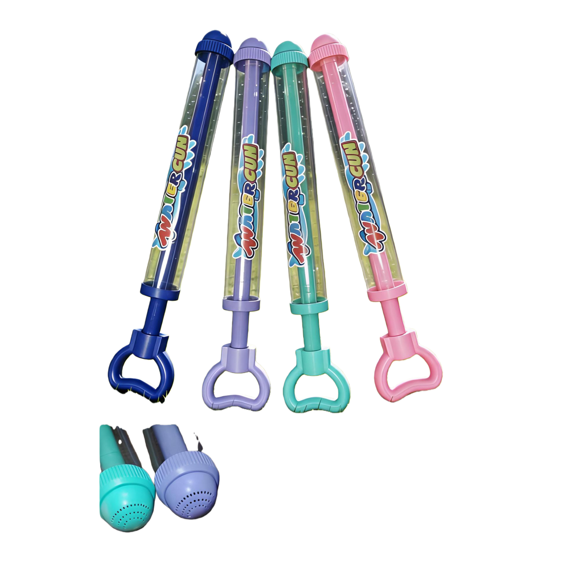 Four colored water gun toys in blue, purple, green and pink, transparent tube with cover, handle and D-shaped grip Item Picture