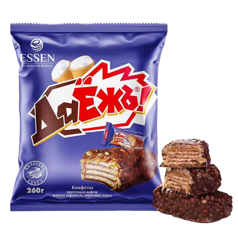 紫色包装袋巧克力夹心威化糕点独立小包装酥脆香甜白底实物图