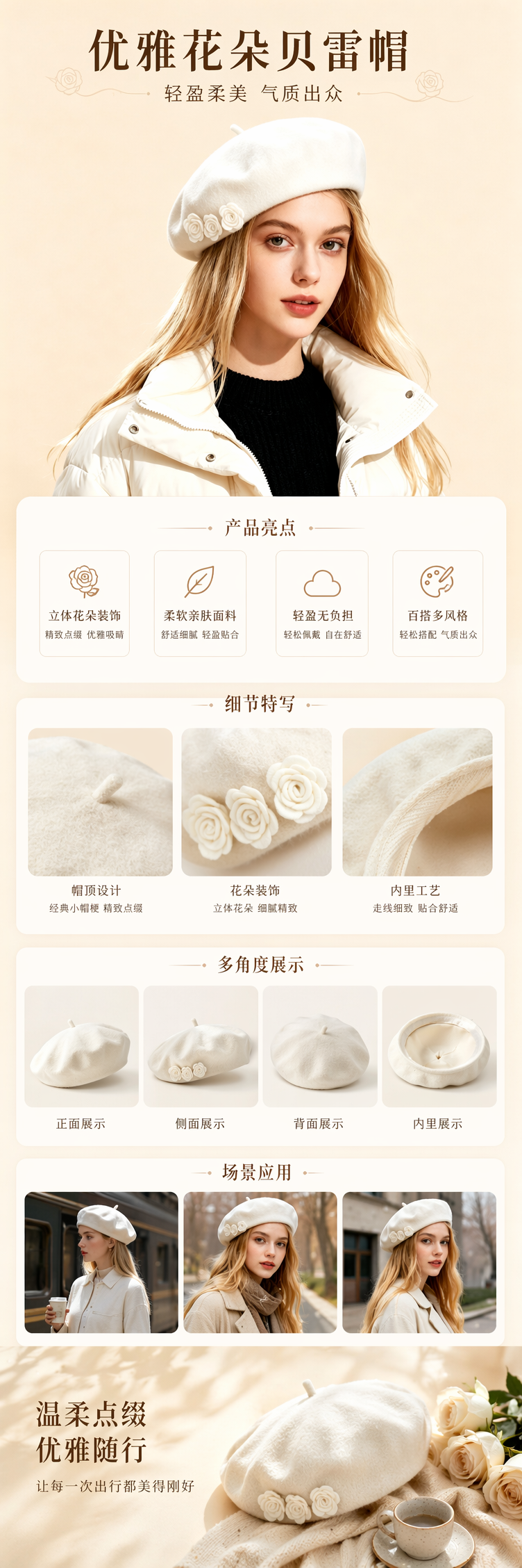 白色贝雷帽女秋冬韩版百搭显脸小毛呢软顶帽子详情1