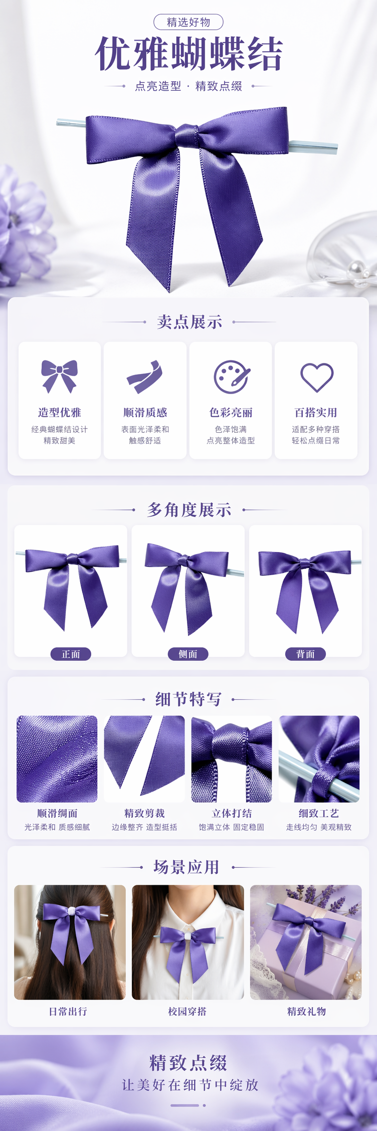 紫色丝带蝴蝶结发饰配件 详情1