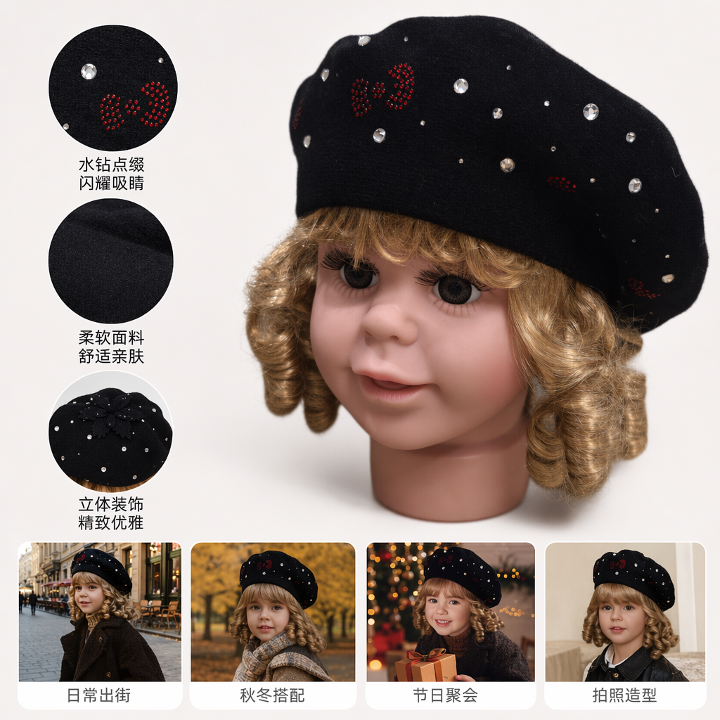The black diamond-encrusted beret doll head design makes the face look small and is a versatile and fashionable hat. The Korean-style beret for women in autumn and winter is warm and versatile, making the face look small. The big head is worn around newsboys and painters, creating a hat trend