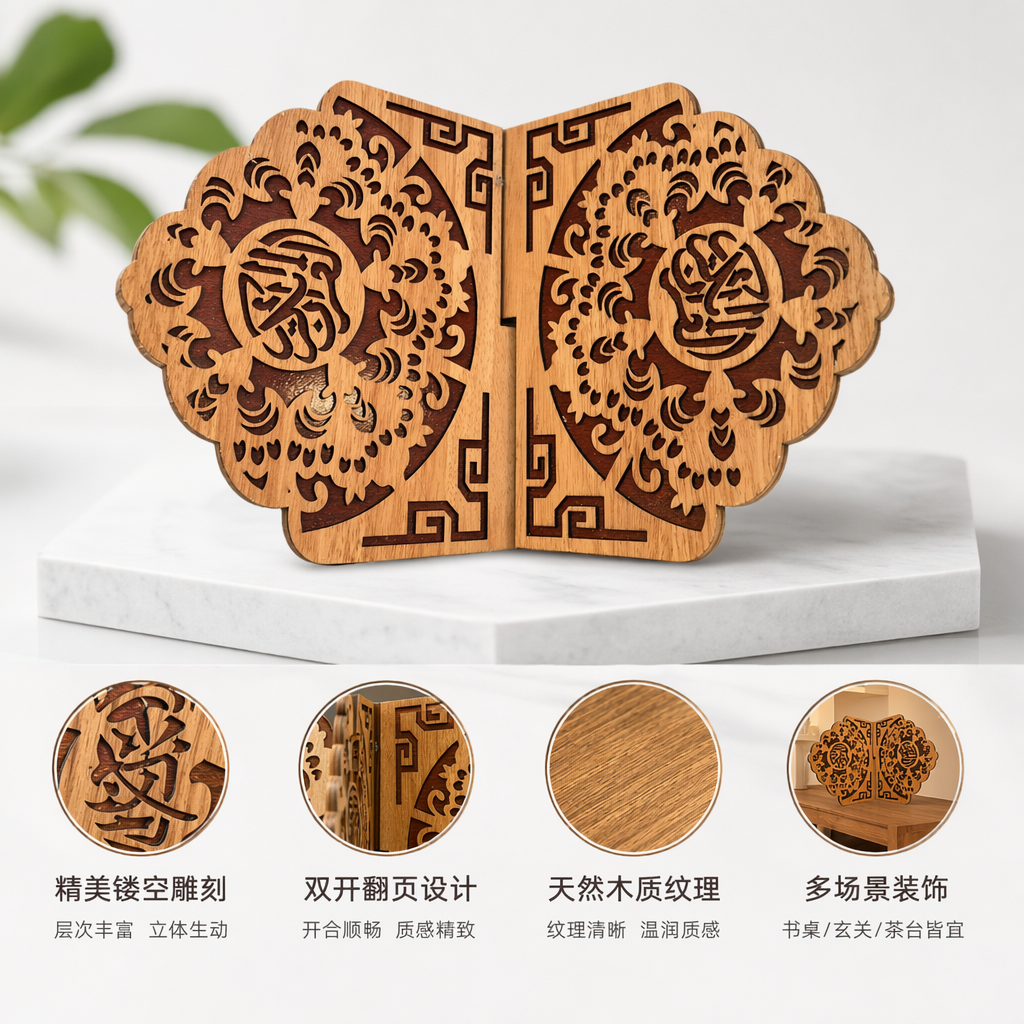 木质镂空雕花摆件客厅玄关装饰品北欧风简约家居工艺品