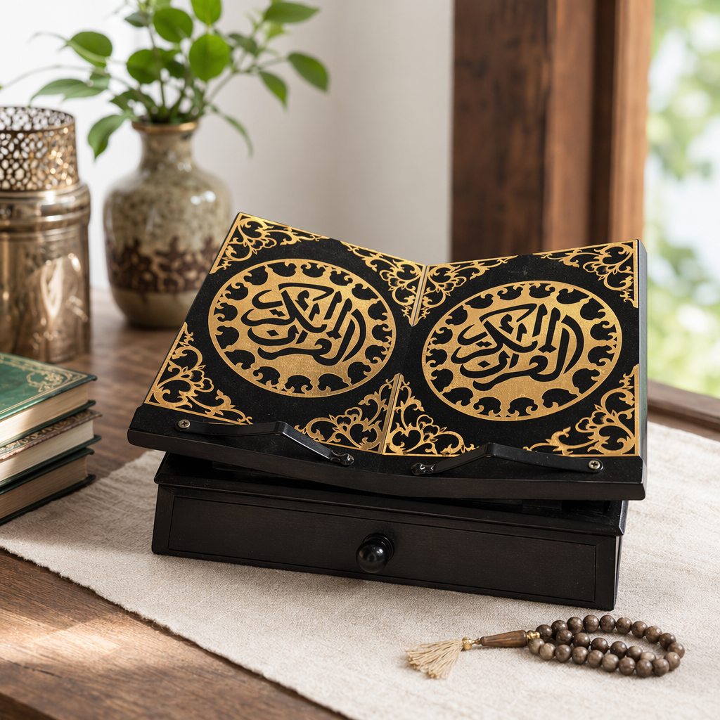 Black gold border Arabic calligraphy scripture stand home decoration piece, Islamic style details Picture