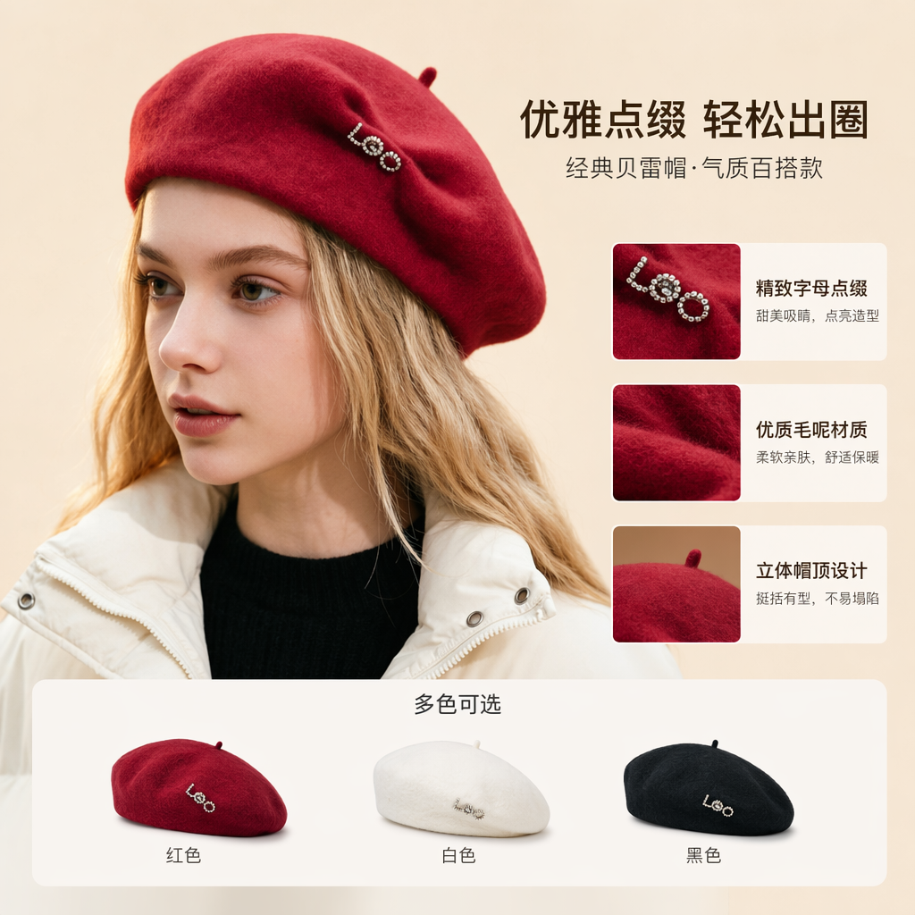 Red beret, a fashionable and retro accessory for both men and women, adjustable beret, cross-border hat, women's wool beret, retro British woolen knitted painter hat, adult autumn and winter warm hat
