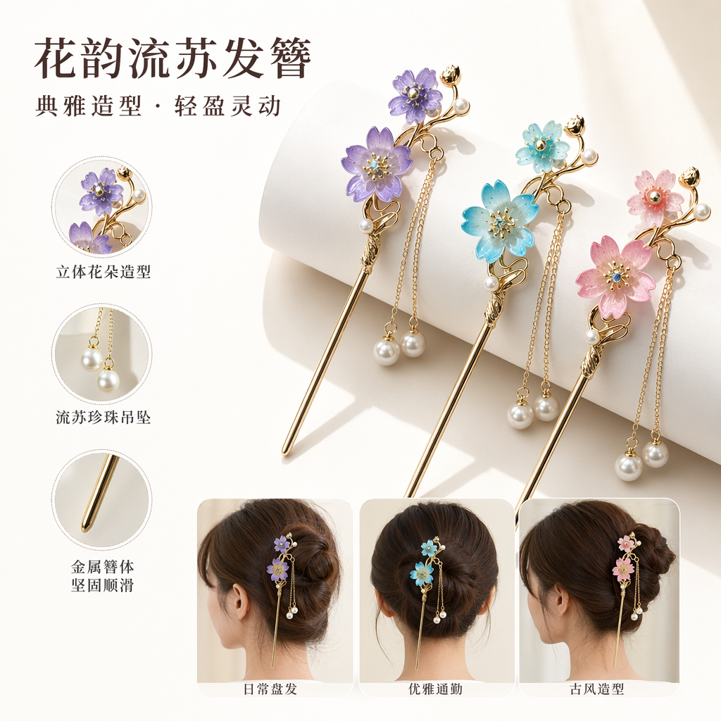 三支彩色樱花发簪金色簪身配珍珠流苏紫蓝粉三色白卡纸展示架