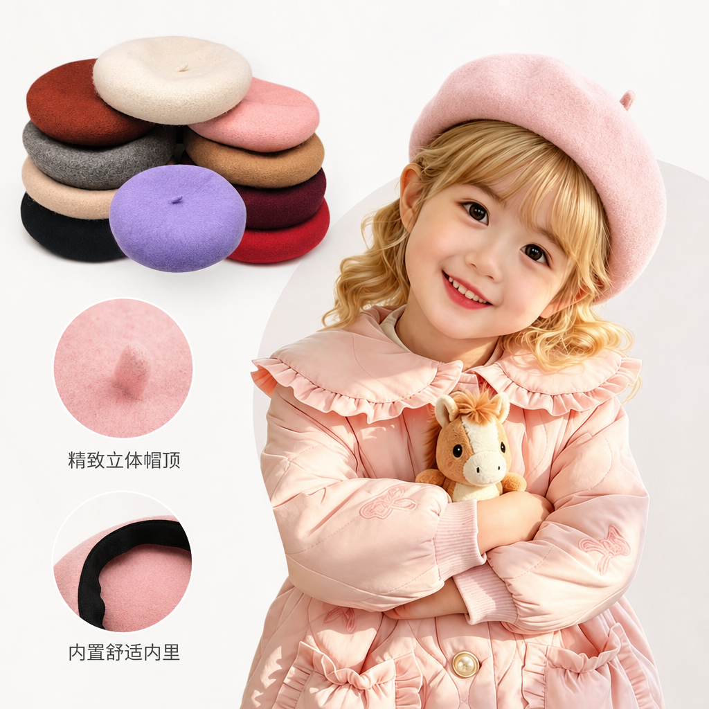 Red beret, blonde little girl, children's autumn and winter warm woolen hat, beret for girls, imitation cashmere woolen bud, spring Korean version, Japanese painter hat, black cross-border beret