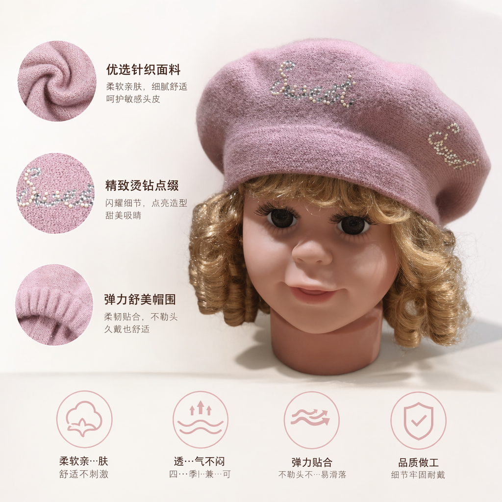 Children's water diamond pink beret, soft and warm woolen, a daily street accessory for autumn and winter. Korean-style beret, warm and versatile woolen for autumn and winter, a small hat with a big head, a newsboy, a painter hat trend
