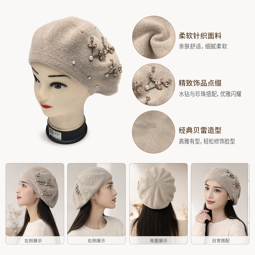 Beige knitted beret, pearl rose gold water diamond leaf-shaped decoration, Korean version autumn and winter rabbit fur hat, women's winter high-end fashion, handcrafted diamond beret, versatile and warm knitted woolen hat