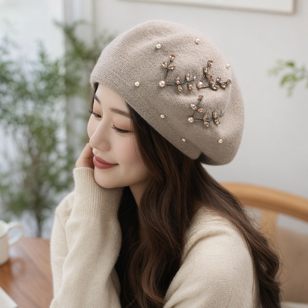Beige knitted beret, pearl rose gold water diamond leaf-shaped decoration, Korean version autumn and winter rabbit fur hat, women's winter high-end fashion, handcrafted diamond beret, versatile and warm knitted woolen hat details Picture