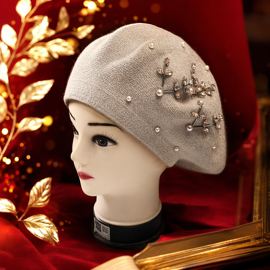 Beige knitted beret, pearl rose gold water diamond leaf-shaped decoration, Korean version autumn and winter rabbit fur hat, women's winter high-end fashion, handcrafted diamond beret, versatile and warm knitted woolen hat Specification image