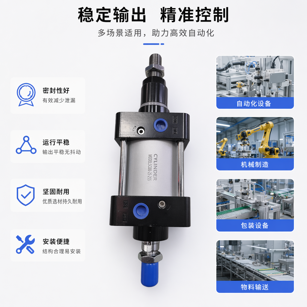 银色气缸配黑色端盖带蓝色接头工业自动化配件
