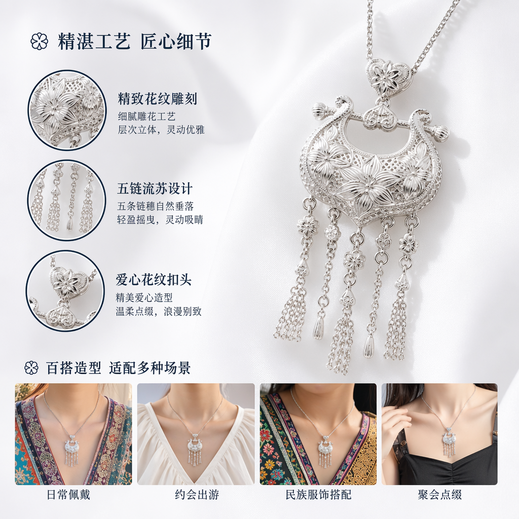 银色雕花吊坠项链 时尚简约百搭女士配饰