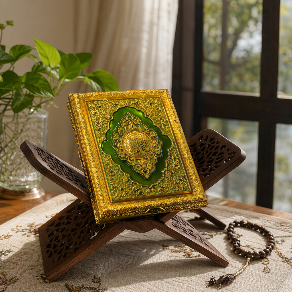 The cover of a religious classic with a golden border and green carvings is decorated with a hardcover book cover details Picture