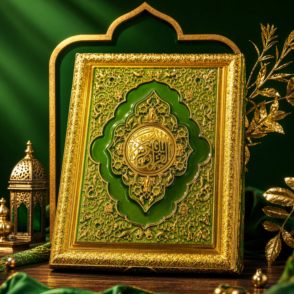The cover of a religious classic with a golden border and green carvings is decorated with a hardcover book cover Specification image