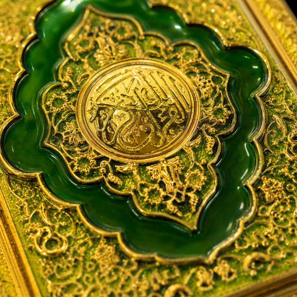 The cover of a religious classic with a golden border and green carvings is decorated with a hardcover book cover Application Scenario