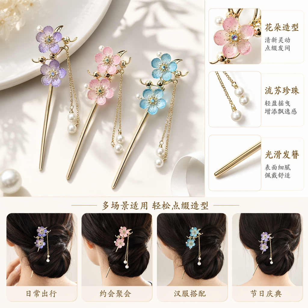 三款花卉流苏发簪 紫粉蓝渐变花朵配珍珠吊坠金色发簪