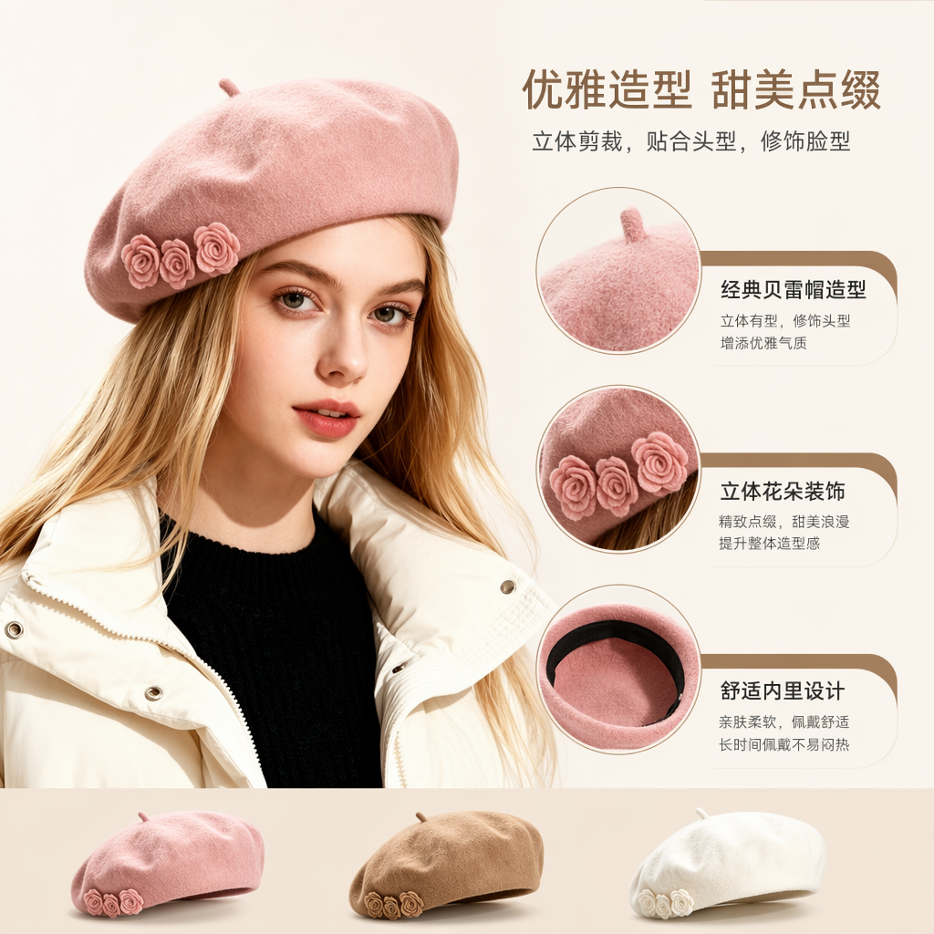 白色贝雷帽女秋冬韩版百搭显脸小毛呢软顶帽子图