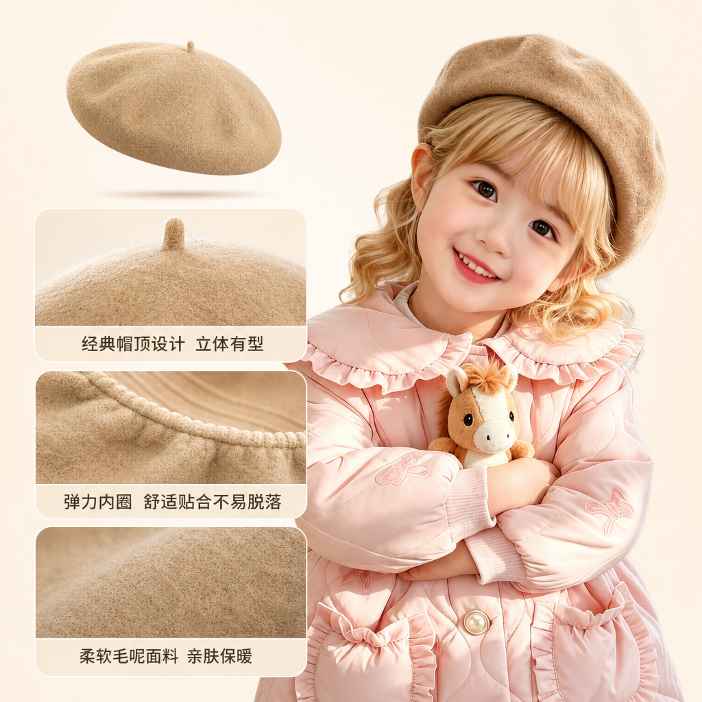 Red beret for little girls, children's autumn and winter warmth, woolen hat, beret for girls, imitation cashmere woolen bud, spring Korean version, Japanese painter hat, black cross-border beret