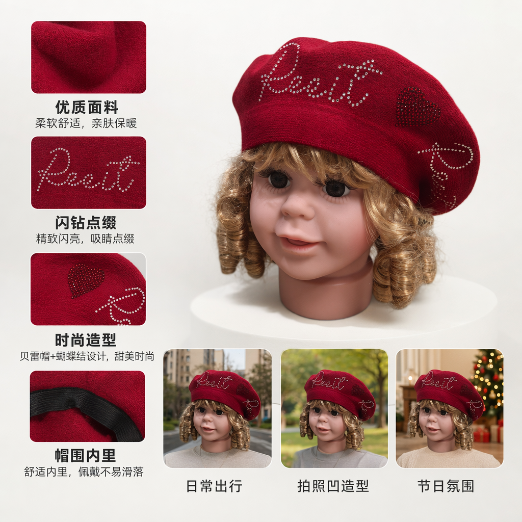 Red beret, doll head, woolen women's autumn and winter fashion accessories, Korean-style beret, women's autumn and winter woolen, warm and versatile, face-enhancing small hat, big head, newsboy, painter hat trend