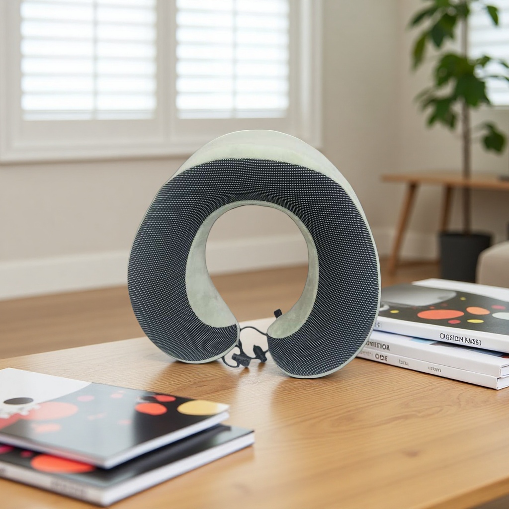 The black dot-textured U-shaped pillow provides comfortable support for the cervical vertebrae and memory foam for midday rest Specification image