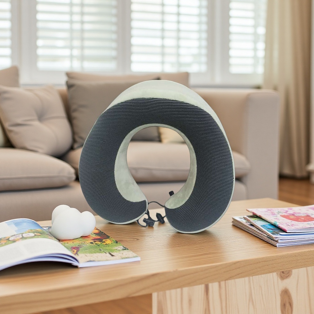 The black dot-textured U-shaped pillow provides comfortable support for the cervical vertebrae and memory foam for midday rest