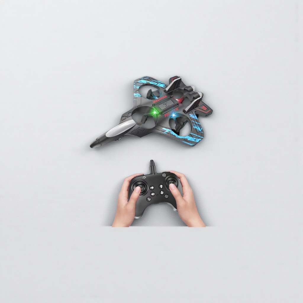 A black sci-fi fighter jet shaped unmanned aerial vehicle