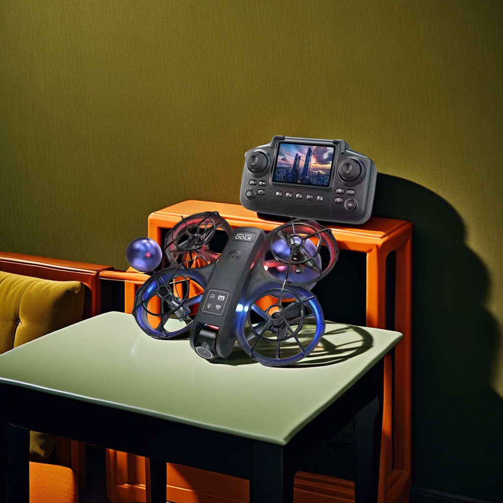 A black drone with a blue and red dual-color light strip protective cover, a propeller, and a small screen remote control Application Scenario