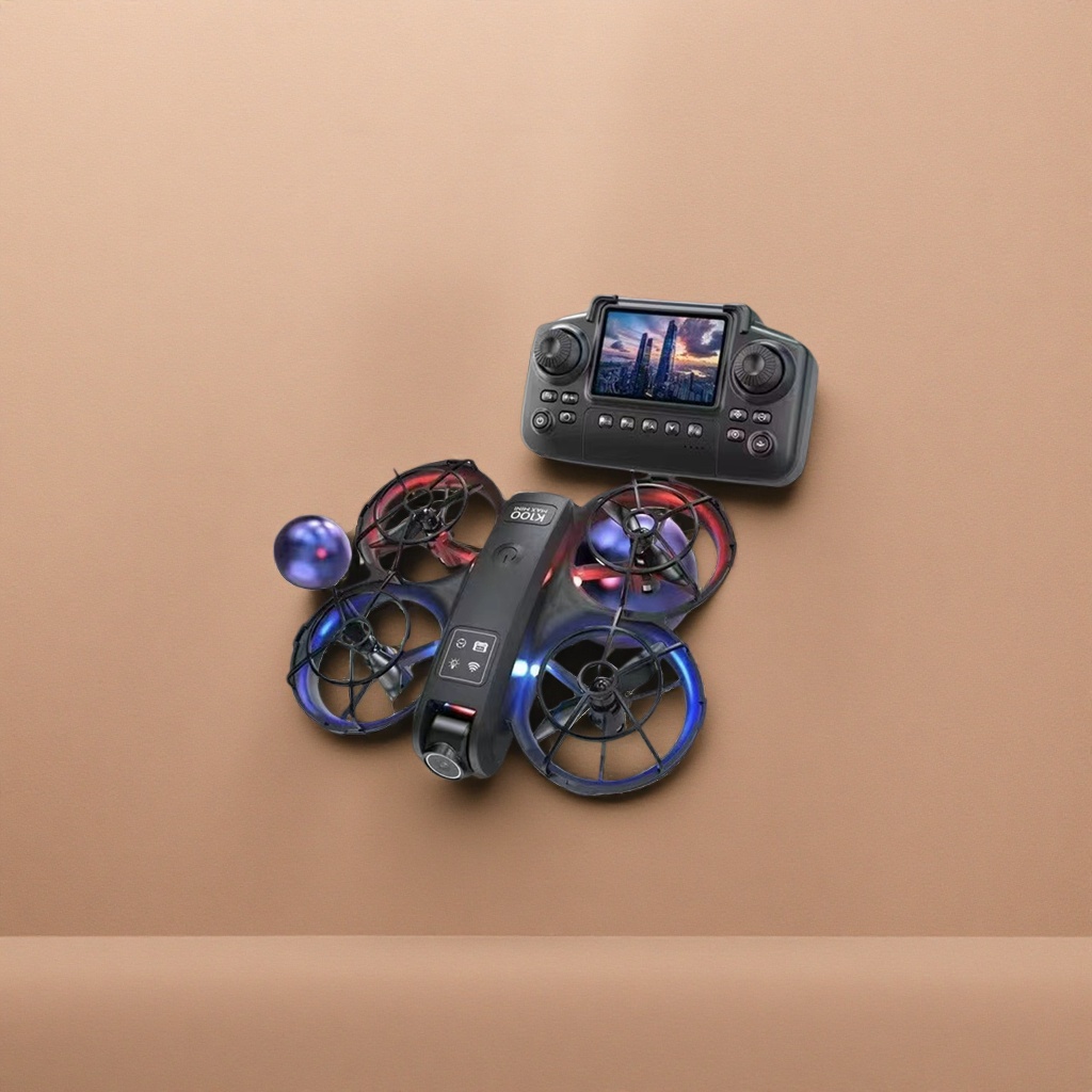 A black drone with a blue and red dual-color light strip protective cover, a propeller, and a small screen remote control Specification image