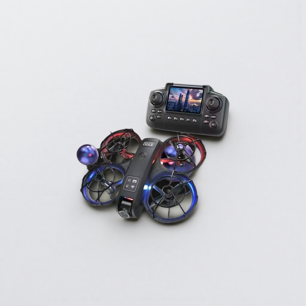A black drone with a blue and red dual-color light strip protective cover, a propeller, and a small screen remote control