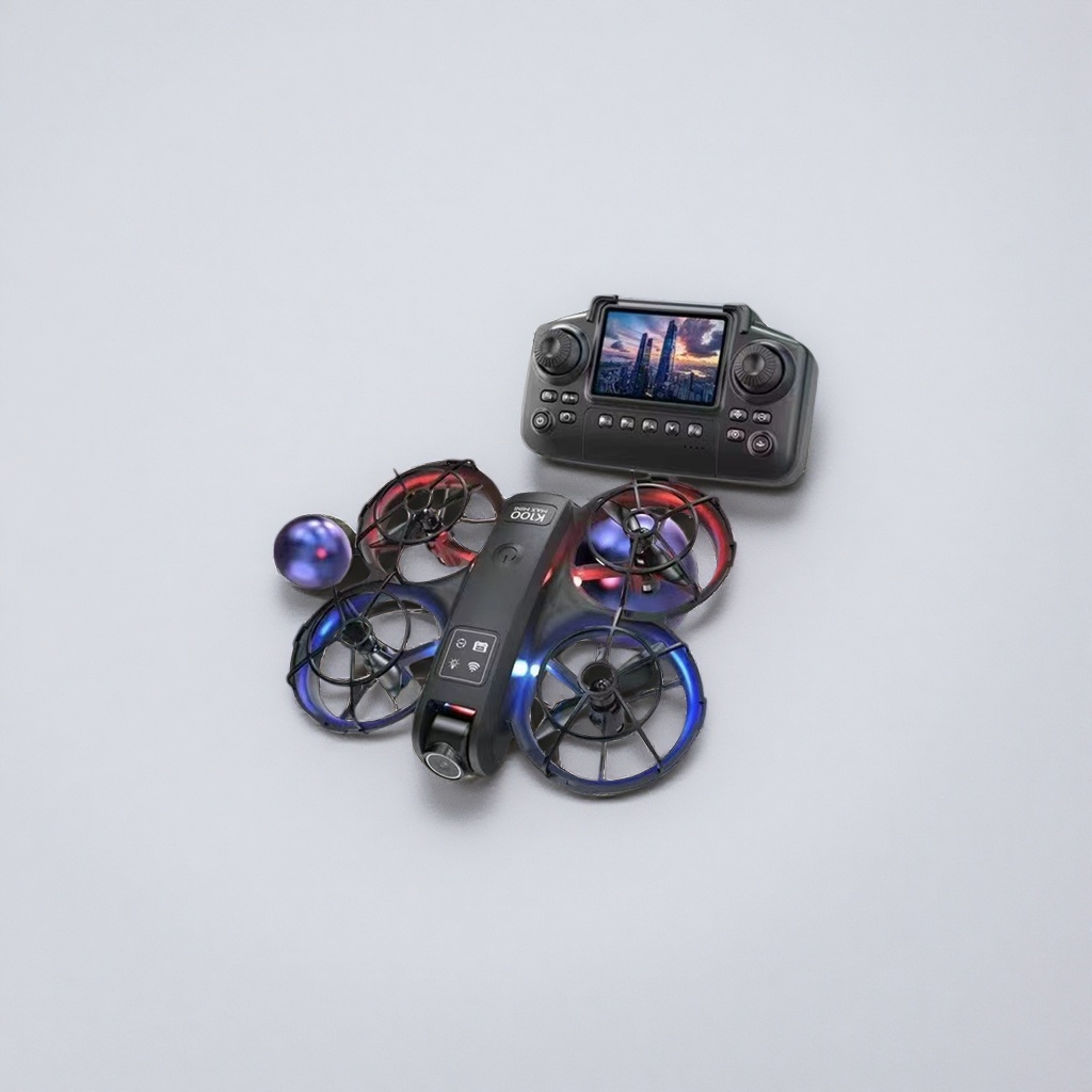 A black drone with a blue and red dual-color light strip protective cover, a propeller, and a small screen remote control details Picture