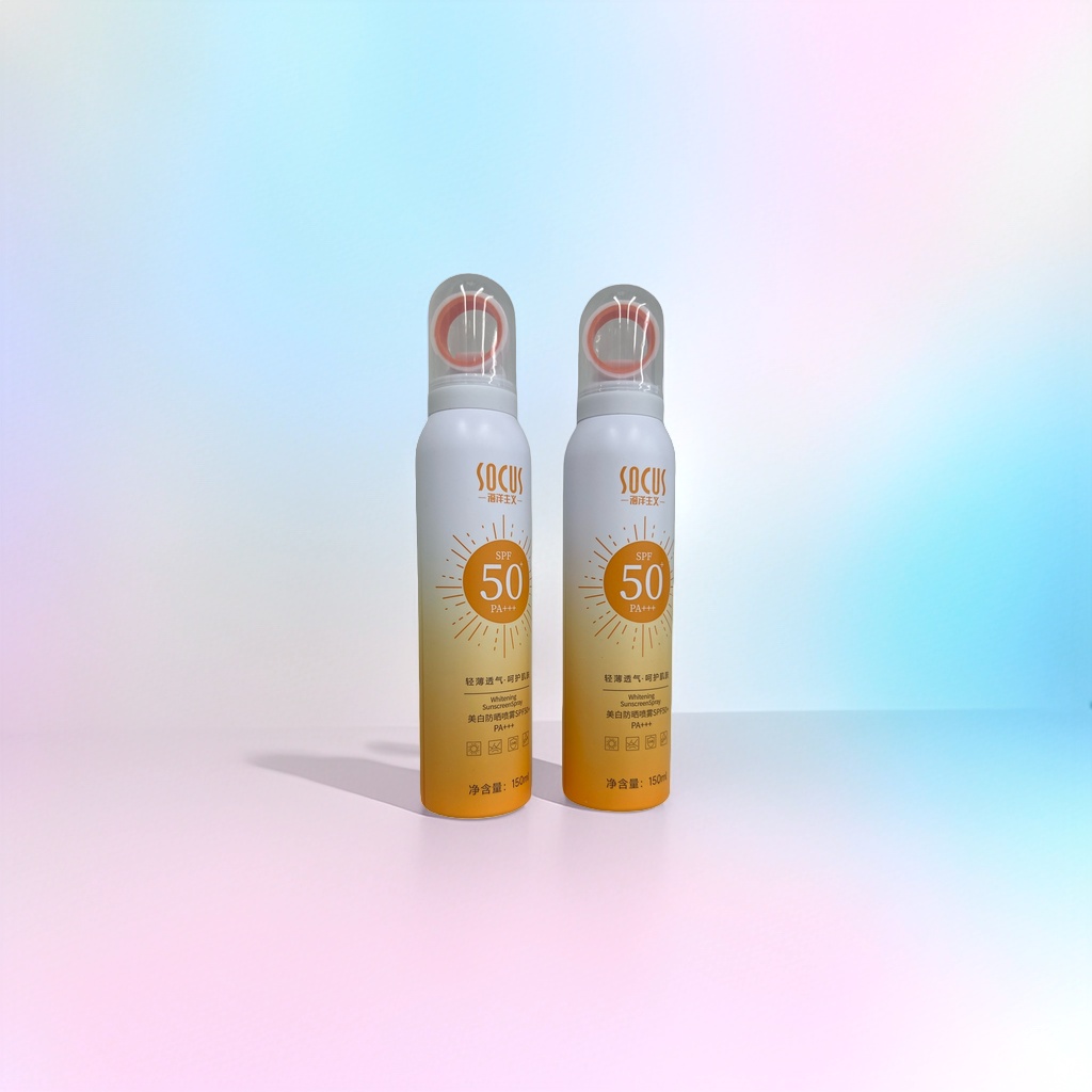 Two white sunscreen spray bottles are placed side by side, with a moderate capacity and a portable nozzle design details Picture