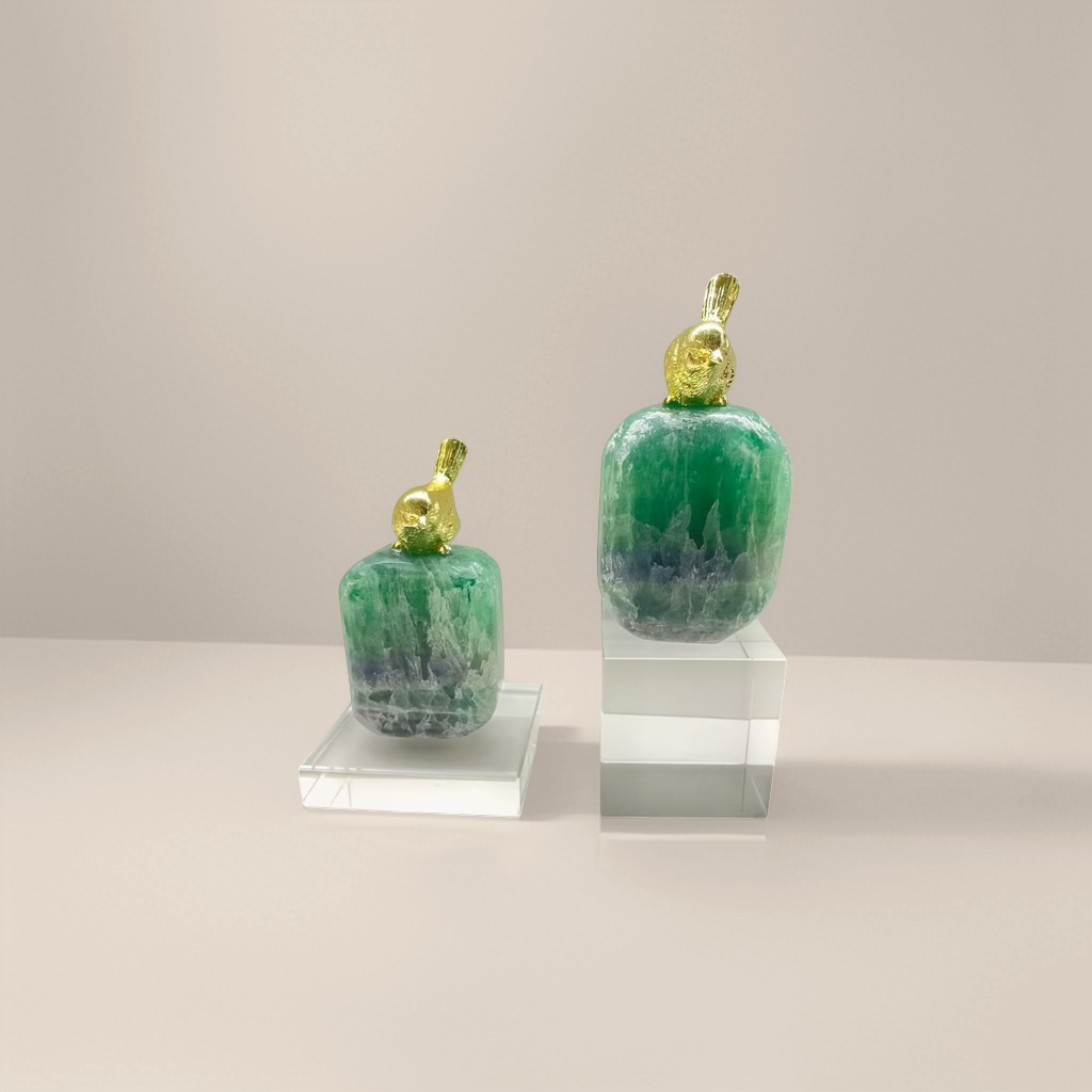 Green jadeite carvings with golden bird ornaments, natural A-grade jade carving handicrafts