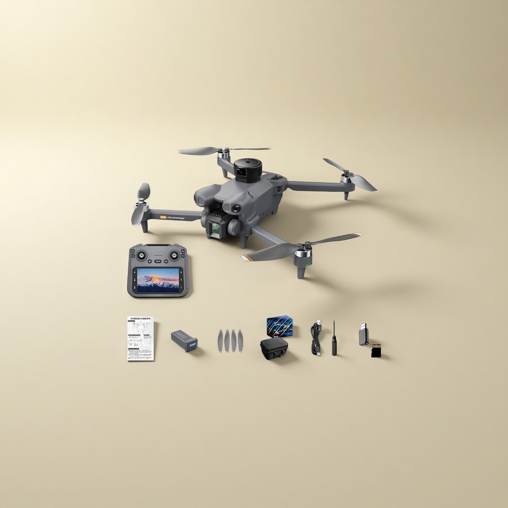 Серый дрон с пультом управления и аксессуарами стабильно сложен Specification image