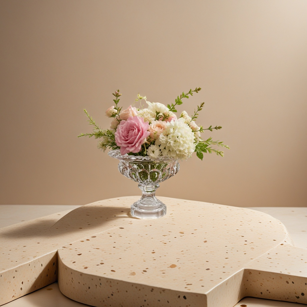 A transparent carved glass vase with a bouquet as a decorative item for the living room dining table Application Scenario