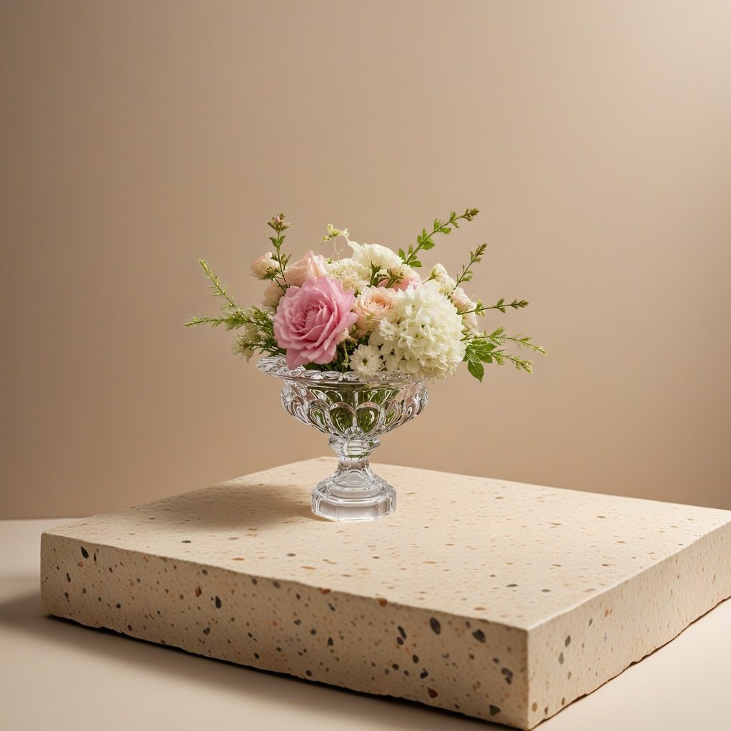 A transparent carved glass vase with a bouquet as a decorative item for the living room dining table details Picture