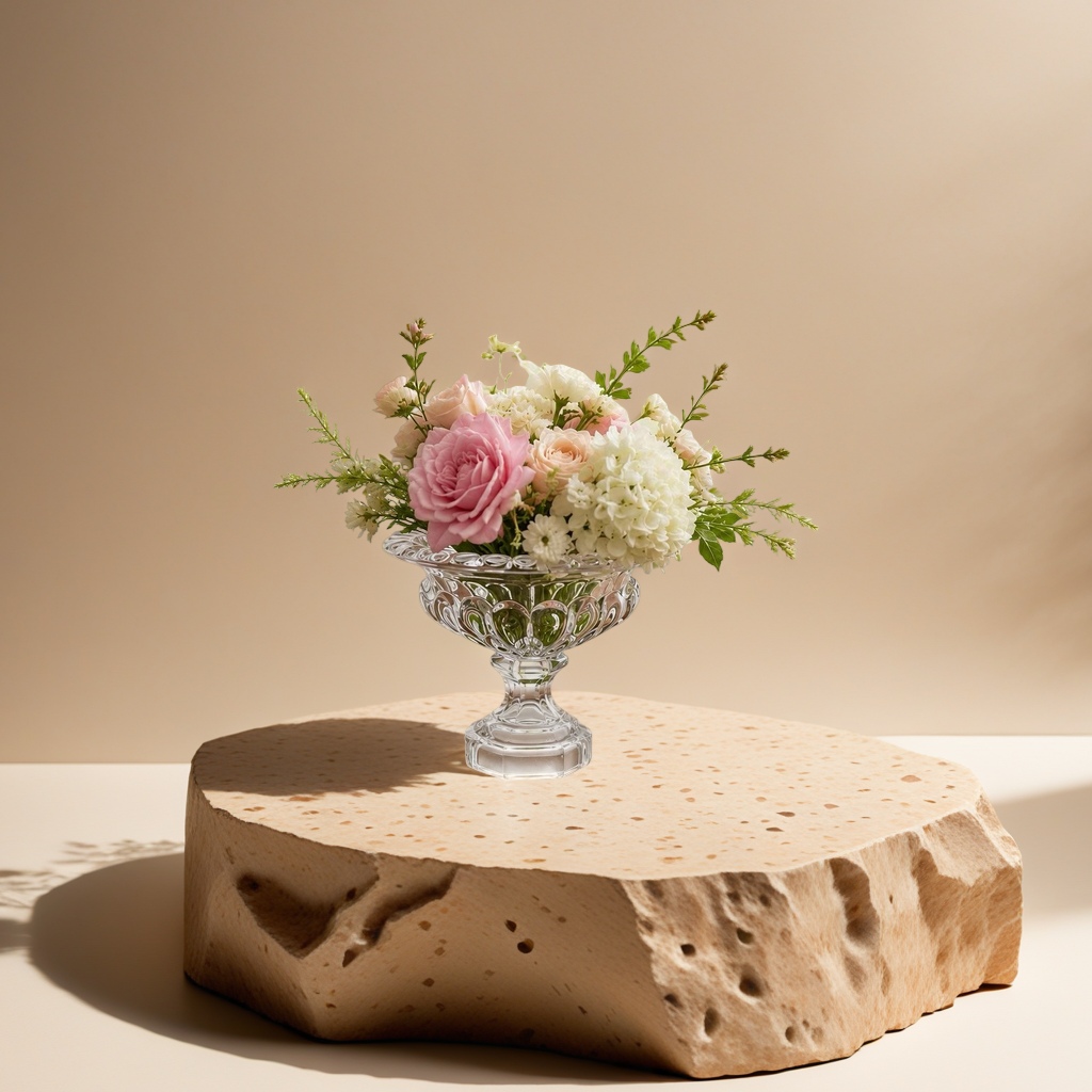 A transparent carved glass vase with a bouquet as a decorative item for the living room dining table Specification image