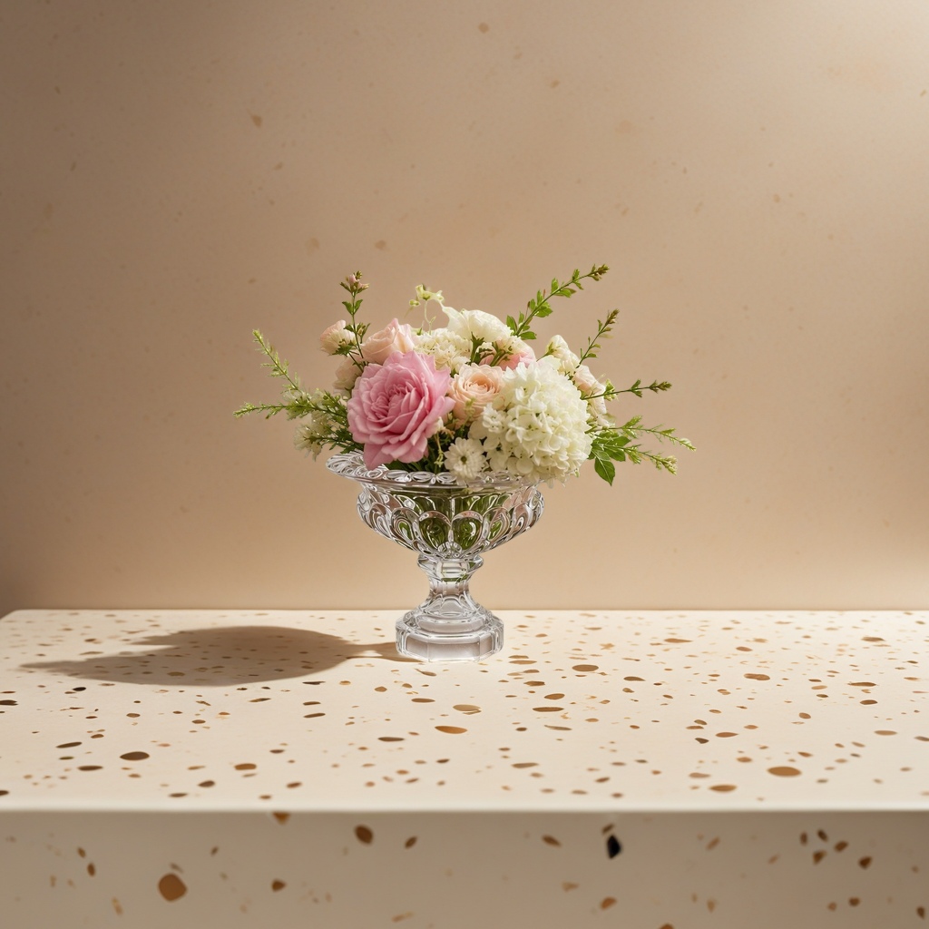 A transparent carved glass vase with a bouquet as a decorative item for the living room dining table