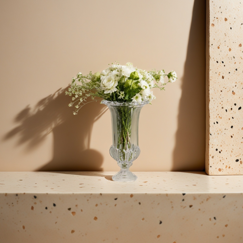A transparent carved glass vase with a white rose bouquet for home decoration