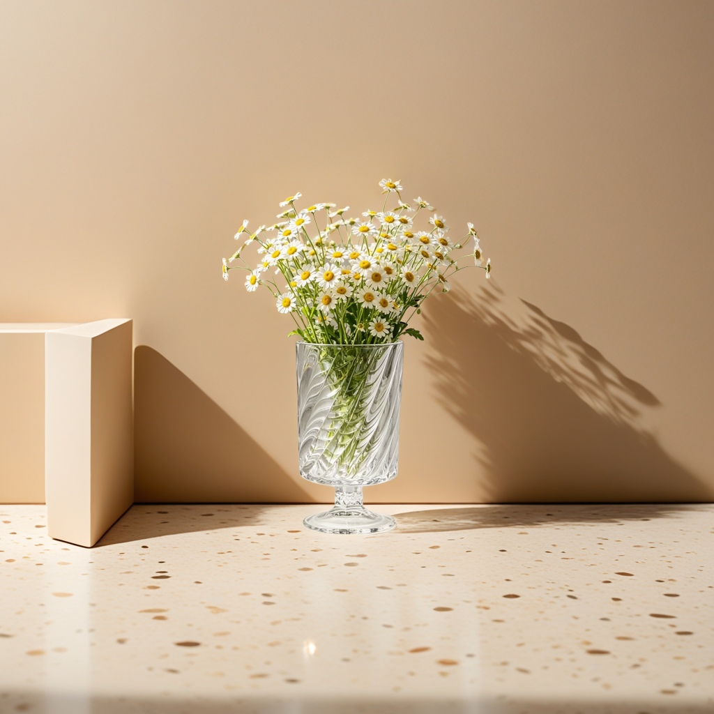 A transparent spiral-patterned glass vase with a Daisy bouquet for the living room dining table decoration Application Scenario