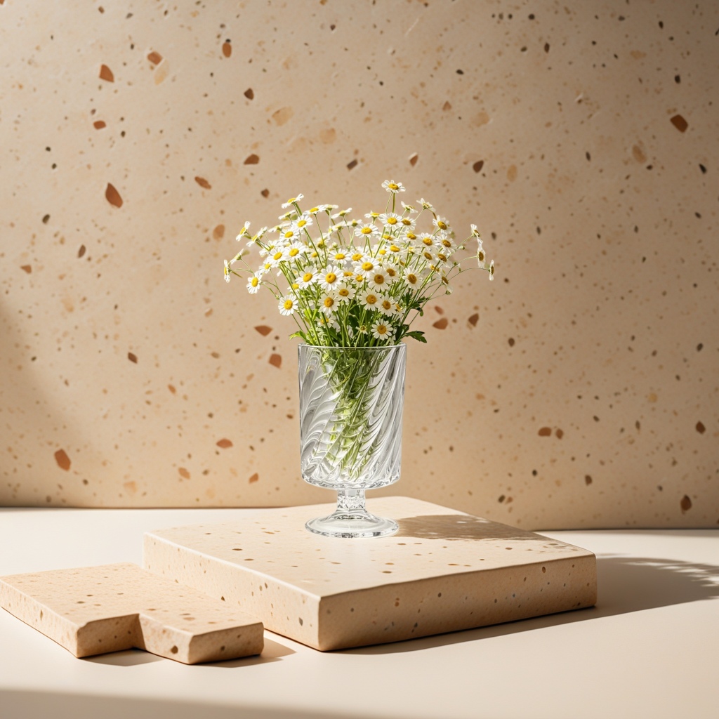A transparent spiral-patterned glass vase with a Daisy bouquet for the living room dining table decoration details Picture