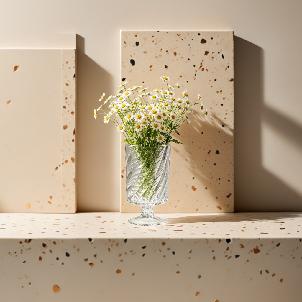 A transparent spiral-patterned glass vase with a Daisy bouquet for the living room dining table decoration