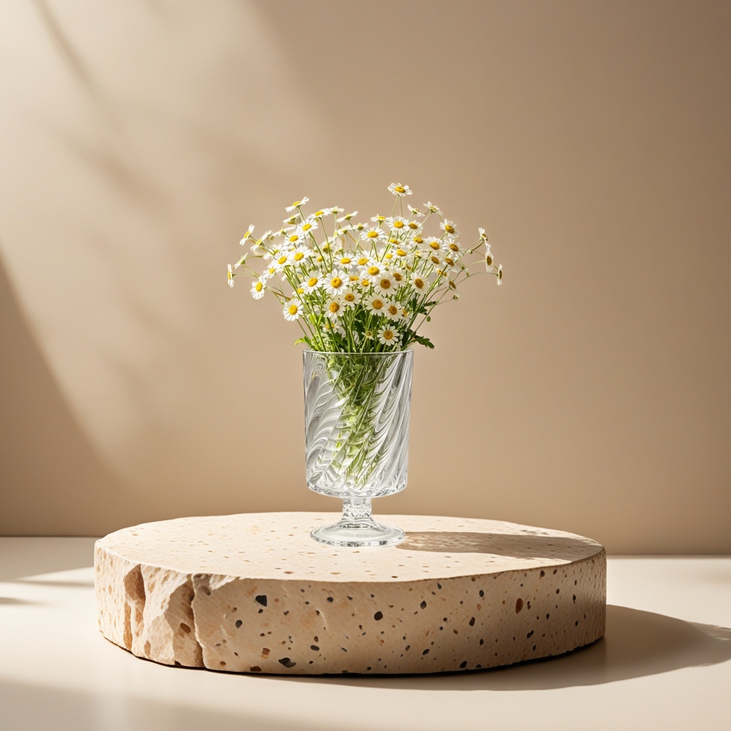 A transparent spiral-patterned glass vase with a Daisy bouquet for the living room dining table decoration Specification image