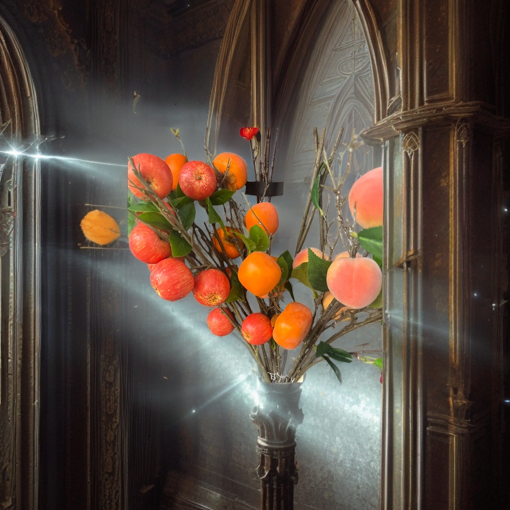 红色苹果橙色柿子粉色桃子枝条绿叶装饰花束图