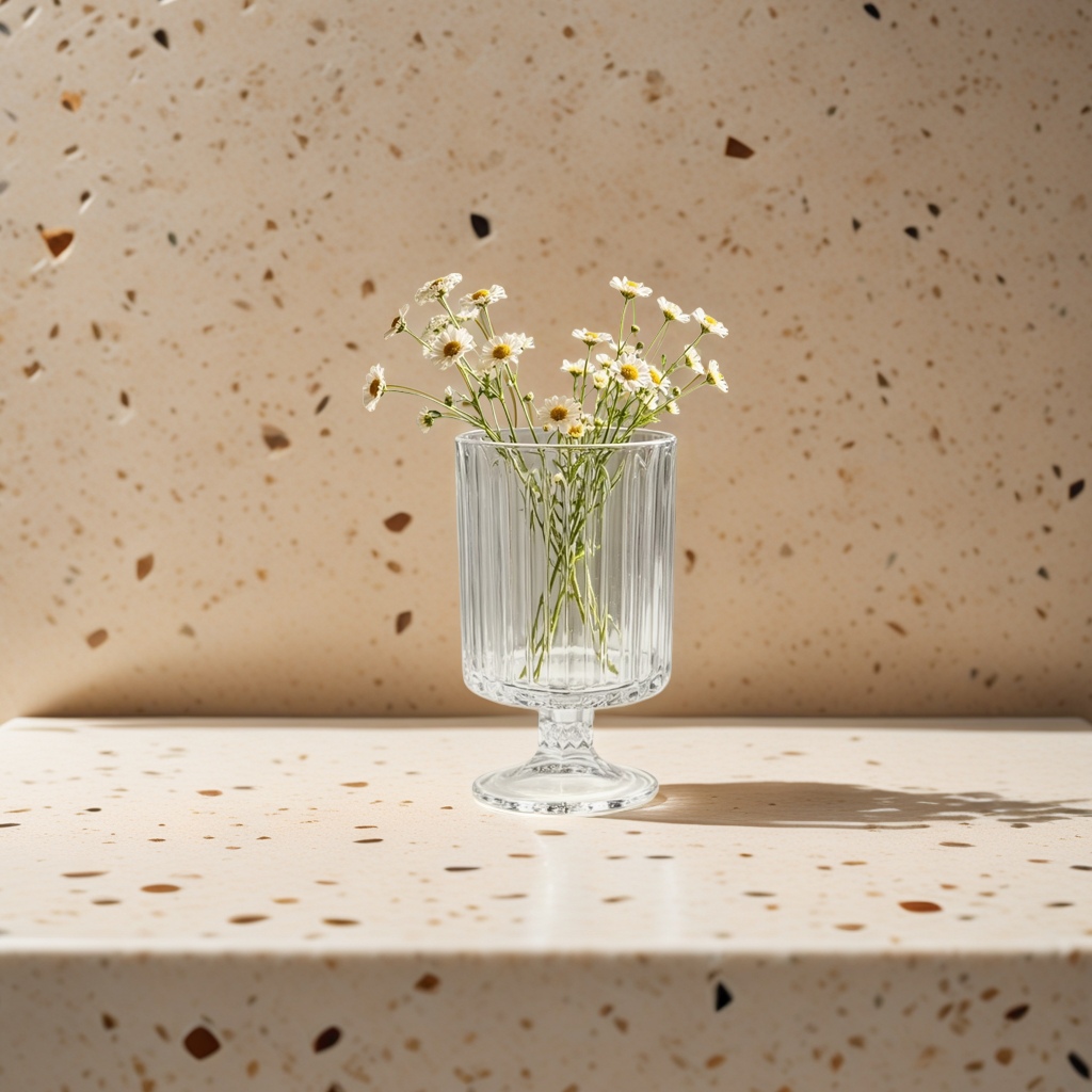 A transparent striped glass vase with Daisy arrangements for decorating the living room dining table