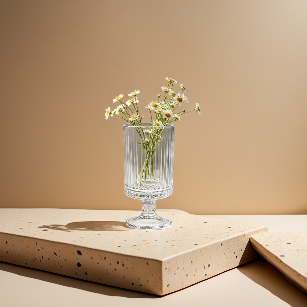 A transparent striped glass vase with Daisy arrangements for decorating the living room and bedroom table Application Scenario