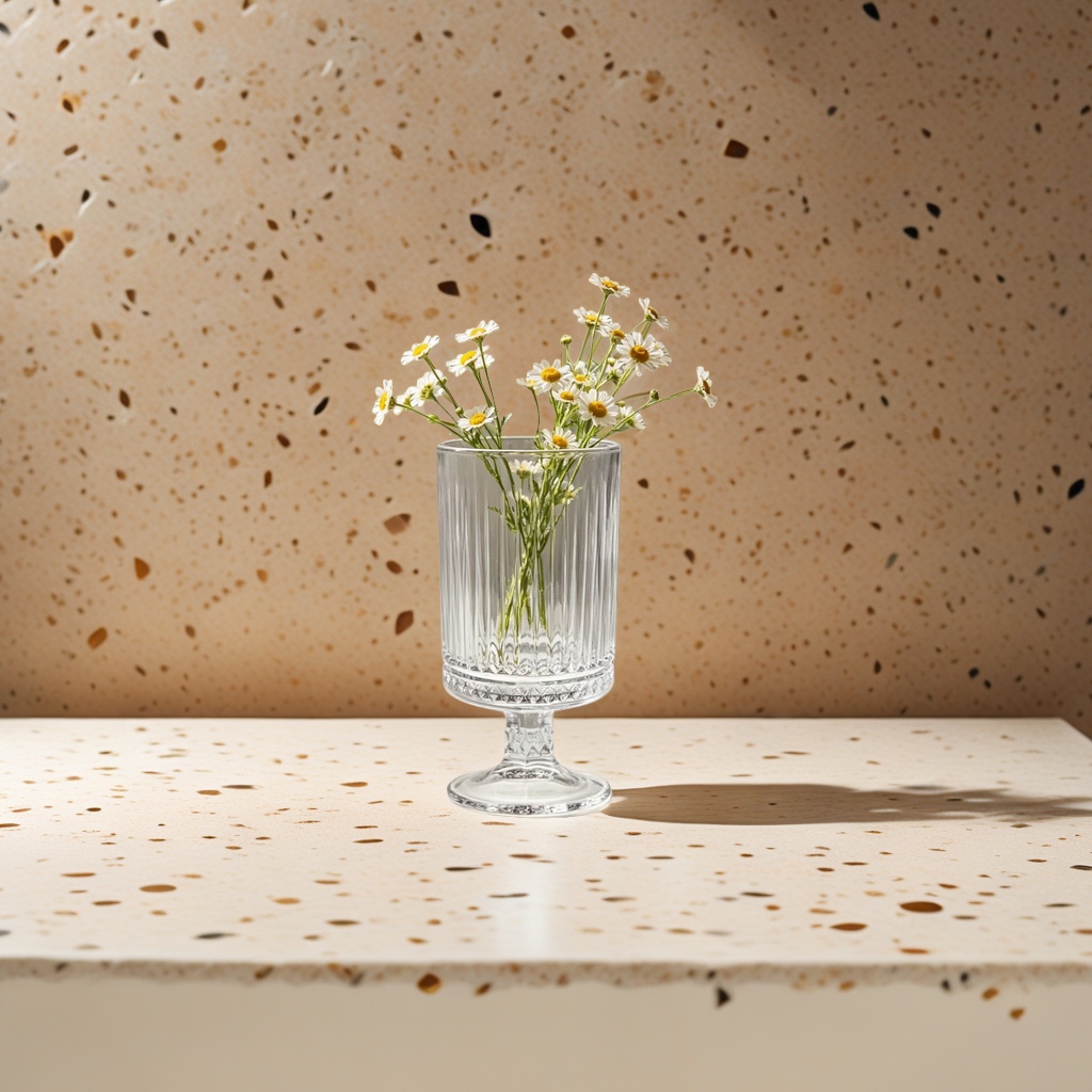 A transparent striped glass vase with Daisy arrangements for decorating the living room and bedroom table